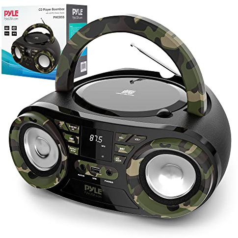 Pyle Portable CD Player Bluetooth Boombox Speaker - AM/FM Stereo Radio & Audio Sound, Supports CD-R-RW/MP3/WMA, USB, AUX, Headphone, LED Display, AC/Battery Powered, Camouflage - Pyle PHCD55.5