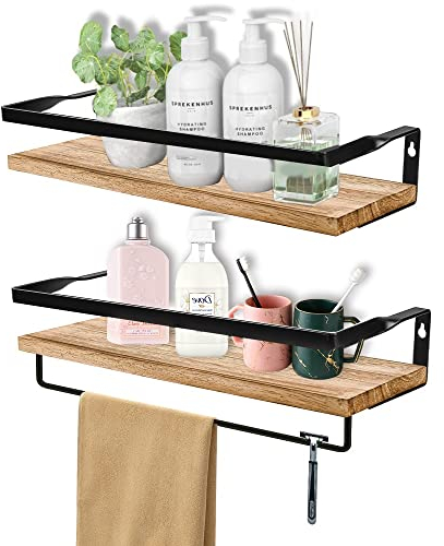 QINERSAW 2 PCS Mensola a Muro in Legno Galleggiante Rustica - Montaggio a Parete per Doccia, Cucina, Bagno - per Shampoo, Profumo (40 * 13 * 7.5cm)