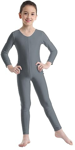 Agoky Unisex Mädchen Jungen Basic Ganzkörperanzug Einteiler Schlafanzug Jumpsuit Kostüm Ballettanzug Overall Langarm Body Grau 158-164
