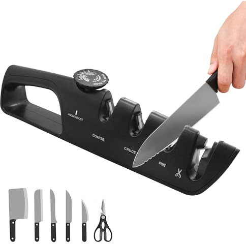 MesserschäRfer, 4-in-1 Messerschleifer mit 6 WinkelfüHrung und ScherenschäRfer, Manuelle MesserschäRfer Profi, Keramikstein, Wolframcarbid, Diamant, Schwarz
