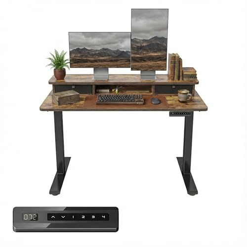 FEZIBO Electric Height Adjustable Standing Desk, 120x60cm, with Double Drawers and Storage Shelf, Rustic Brown