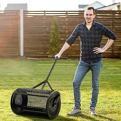 OJKJGY Esparcidor de abono, esparcidor de turba, esparcidor de abono de 27 Pulgadas para césped y jardín, con Mango Largo Ajustable, Rodillo de césped Duradero, para Plantar, sembrar, Negro