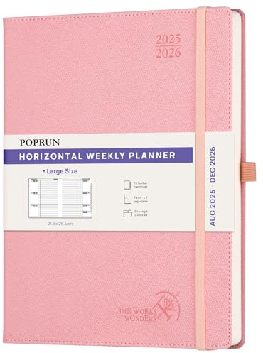 POPRUN Kalender 2025 2026 Horizontale Wochenplaner (Aug.2025-Dez.2026) hardcover mit PU-Leder, ca. A4 (21.8x26,4 cm), 17-Monate-Terminplaner 1 Woche 2 Seite, Zartrosa