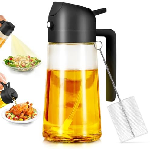 Showvigor 2 in 1 Oil Spray Bottle, 470ml/ 16oz Olive Container,Cooking Oil Spray Glass for Used for Air Fryer, Baking, Grilling(BLACK)