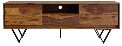 FineBuy TV Lowboard Sheesham Massivholz 160 cm, Fernsehtisch mit Türen, Schublade, offenem Fach & Kabeldurchlass, TV Board mit 3D Fronten & schwarzen Metallfüßen im Industrial Design Braun