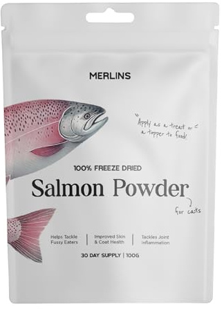 Merlins - 100% Freeze-Dried Salmon Powder for Cats & Dogs - Natural Omega 3 Supplement & Food Topper for Fussy Eaters - Supports Skin, Coat, Joint & Brain Health-Norwegian Salmon -Grain-Free - 100g