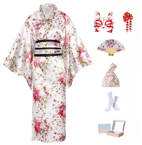 KRUIHAN Ensemble de Yukata Kimono Japonais Femme,Robe Kimono en Satin avec Obi et Nœud,Deguisement Femme pour Photographie,Scène et Fête avec Accessoires dans Une Boîte-Cadeau,Fleur de Cerisier,Blanc