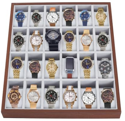 UNICRAFTALE 24 Grid Wooden Watch Jewelry Tray Organizer Velvet-Lined Storage Tray with Coconut Brown Finish Open Design for Home Vanity Store Display and Travel Jewelry Storage 13x5.75x1.7