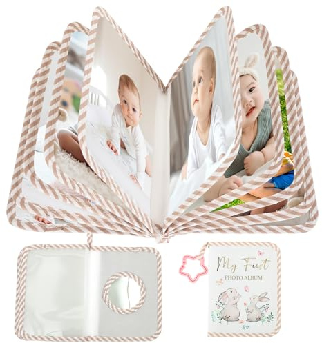 Babyalbum Stoff 17 Bilder 16,5x11,2cm Baby Fotoalbum mit Sicherheitsspiegel und Haken Mein Erstes Jahr Babyalbum Sicher Geschmacklos für Neugeborene Kleinkinder Kinder Geburtstagsgeschenke (Braun)