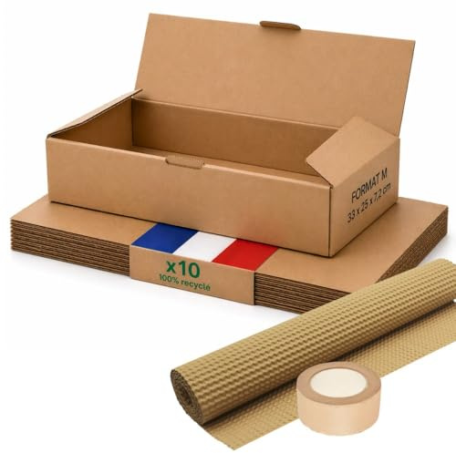 Boite carton emballage colis M - Lot de 10 + protection papier + adhésif papier - 33 x 25 x 7 cm - Renforcé - 100% recyclable - livres, porte-vues, e-commerce - Life Pack