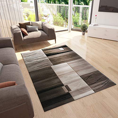 VIMODA Designer Teppich Wohnzimmer Braun Beige Kacheloptik mit Farbverlauf und Konturenschnitt, Maße:160 x 230 cm