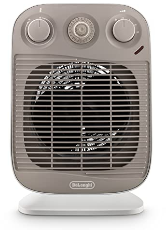 De'Longhi HFS50D22 Termoventilatore, TIMER 24H, 3 livelli di potenza, ventilazione estiva, protezione antigoccia, maniglia, dispositivo di sicurezza, luce, protezione antigelo, leggero, Bianco/Beige