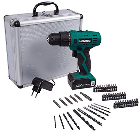 VONROC Batteridriven borrmaskin - 12V – Inkl. Robust aluminiumfodral, 46 tillbehör, batteri och laddare