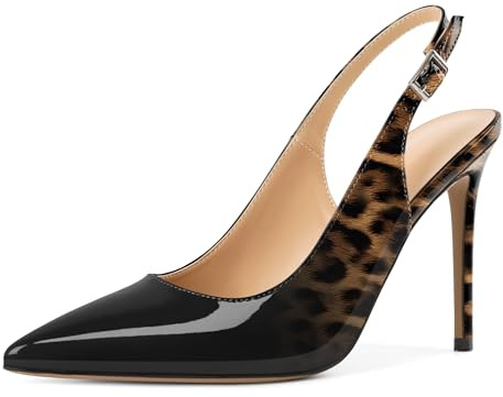 Soireelady Women's Pointed Toe Slingback High Heels Court Shoes Ladies Stiletto Pumps 10 CM Leopard Black EU39