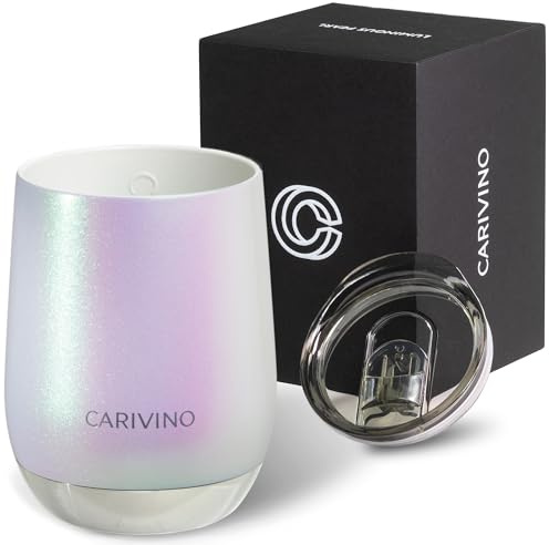 CARIVINO 12 oz Luxury Stemless Wine Tumbler, Ceramic Interior, Stainless Steel Vacuum Insulated Wine Glass Cup with Lid, Cork Base, Premium Finish, Cold or Hot (Luminous Pearl)