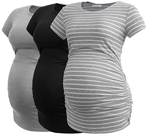 Smallshow graviditet kläder toppar sida Ruched graviditet kläder för kvinnor 3-Pack Black/Grey/Grey Stripe XL