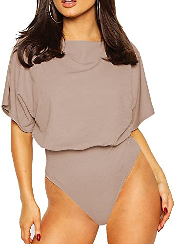 LINMON Womens Slash Neck Short Sleeve/Long Sleeve T Shirt Tops Bodysuit (A1 Taupe,Large)