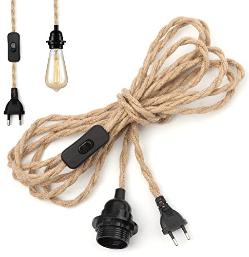 Lampada Corda di Canapa 4,5m Portalampada E27 con Spina E Interruttore, Porta Lampadina Bakelite per DIY Portalampade a Sospensione, Vintage Lampadina, Edison retrò Lampada, Lampadario Soffitto