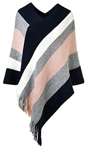Ferand Women's Casual Striped Poncho Sweater Versatile Fringe Shawl Wrap for Fall Winter, One Size, Navy blue & Pink