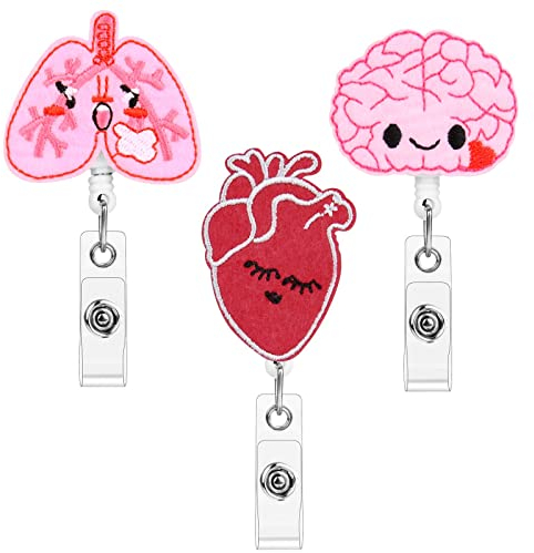 OFFCUP Ausweishüllen Retractable, 3 Stück Krankenschwester Ausweishalter, Karikatur Ausweishalter, Badge Reels ID Card, für Krankenschwester Doktor Lehrer Student(Lunge, Herz, Gehirn)
