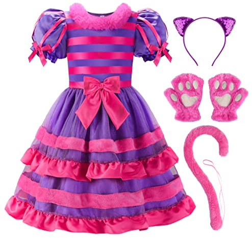 ReliBeauty Costume Gatto Lilla Bambina Ragazza Vestito Carnevale Gatto con Accessori Halloween, 11-12 anni(150 cm)