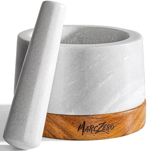 MarcZero Grande set di mortaio e pestello con base in legno antigraffio, mortaio e pestello da 15 cm in marmo naturale (bianco)