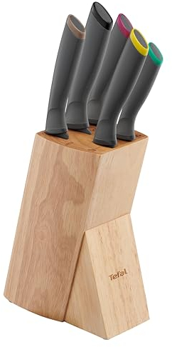Tefal Fresh Kitchen - Bloque de madera con 5 cuchillos (Pelador 9 cm, Utilitario 12 cm, Chef 15 cm, Rebanador 20 cm, Pan 20 cm), acero inoxidable de alta precisión, K122S5