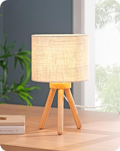 EDISHINE Nachttischlampe Holz, Tischlampe Vintage, Stativ Kleine Tischleuchte, Retro Landhaus, E27 LED Birne, Lampenschirm aus Leinen, für Deko Schlafzimmer, Wohnzimmer, Geschenk, Beige