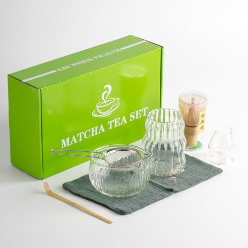 DWEHIXBUY 7 st japansk matcha-teset, matcha-kit med matcha-skål (med hällpip), matcha-visphållare, sil – elegant matcha-set för present och personligt bruk, presentförpackning
