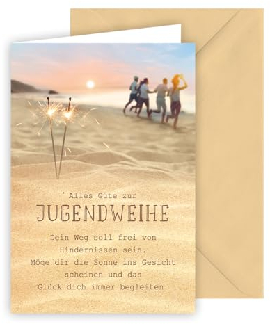 KE - Jugendweihe Karte Glückwunschkarte für Jungen und Mädchen, inkl. Umschlag, Jugendweihekarte, DIN B6 Format, Motiv: Jugendliche am Strand