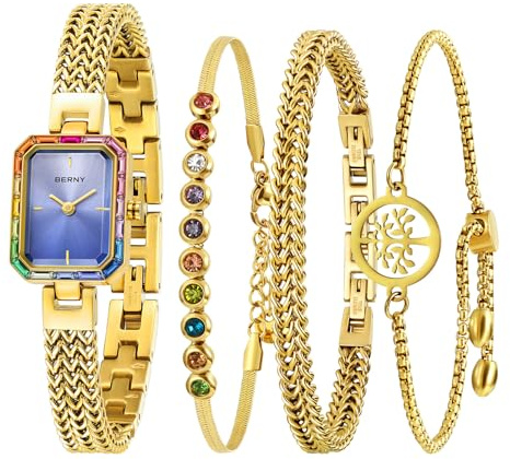 BERNY Guldklocka för kvinnor Petite Armbandsur Färgade stenar Accentuerad Case 3ATM Vattentät Ladies Minimalist Klockor och Armband Set