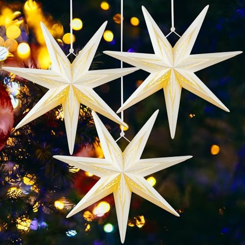 SUNBEAUTY Christmas Stars 7 Pointed 12 Inch White Hanging Star Lanterns Christmas Hanging Lamp Paper Decorations Shade Wedding Birthday Party Decorations