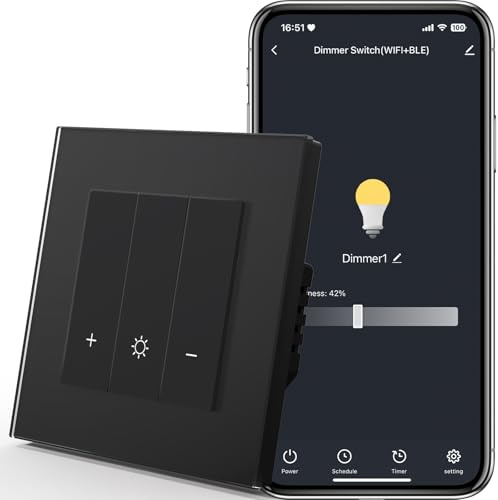 MVAVA Alexa Lichtschalter, Wlan Dimmschalter Kompatibel mit Alexa/Google Home, Glas Lichtschalter Unterputz Funktioniert mit Tuya/Smart Life App, Neutrale Leitung Benötigt 1 Fach 1 Weg Schwarz