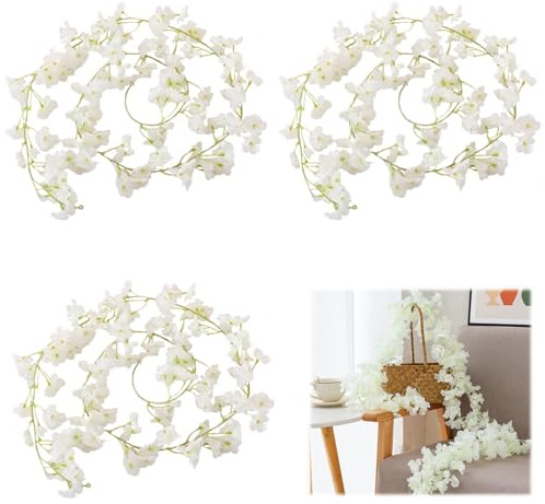 YCHYAN 3 Piezas Guirnalda Flores Artificiales Cerezo, 1.8 m Guirnalda Flores Colgantes, Decoración de Arcos para Fiestas de Boda, Adecuado para Decoraciones Murales de Boda en Exteriores (Blanco)