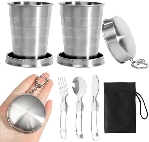 2 Stück Edelstahl Faltbecher, 75ml Becher Faltbar Edelstahl, Camping Becher Faltbar Outdoor Teleskop Klappbecher mit Faltbares Geschirr Tragbar Klappbecher für Reise Picknick Wandern