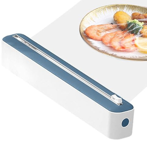 Plastic Wrap Dispenser with Slide Cutter, Food Cling Wrap Film Cutter, 2-in-1 Plastic Wrap Tin Foil Dispenser and Cutter, Press and Seal Plastic Wrap, Easy Refill and Cutter for Plastic Wrap (Blue)