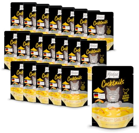 MjAMjAM - Deliciosa Bebida para Gatos - Cocktails – Carne de Pollo desmigada, Paquete de 20 (20x40), sin Cereales