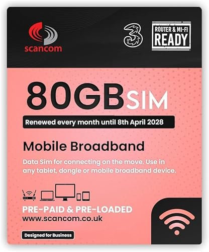 Three 80GB Data SIM - Uncapped 5G - Preloaded MONTHLY Until April 2028 - Plug & Play for Routers & Phones - Access to Three & Vodafone - Connects to the Strongest Signal available