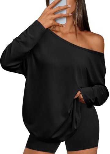 Trendy Queen Womens Tops Oversized Tshirts Off The Shoulder Long Sleeve Shirts One Shoulder Fall Outfits 2026 Casual Basic Tees Asymmetrical Going Out Y2K Cute Fashion Clothes Black M
