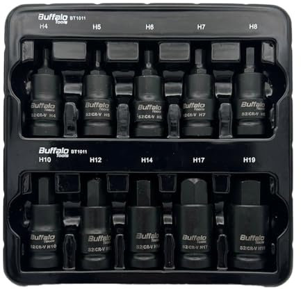 Juego de 10 llaves de vaso hexagonales de impacto de 1/2 pulgada H4, H5, H6, H7, H8, H10, H12, H14, H17, H19
