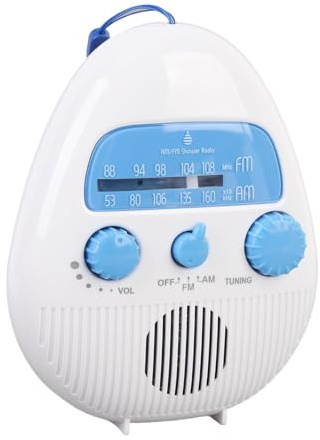 Sxhlseller AM FM Duschradio med Inbyggd Högtalare | Splash Proof & Battery Operated | Enkel Inställning och Volymkontroll med Roterande Knopp | Hängande Badrumsradio
