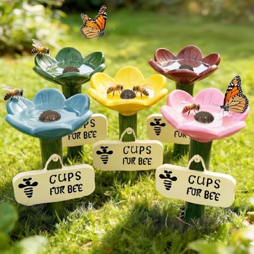 URAQT Garden Bee Watering Station, 5 PCS Flower Shaped Cups for Bees, Butterfly Feeder Resin Flower Bee Waterer Garden Decor, Insect Water Feeder Station for Outdoor Garden Yard Beehive Accessories