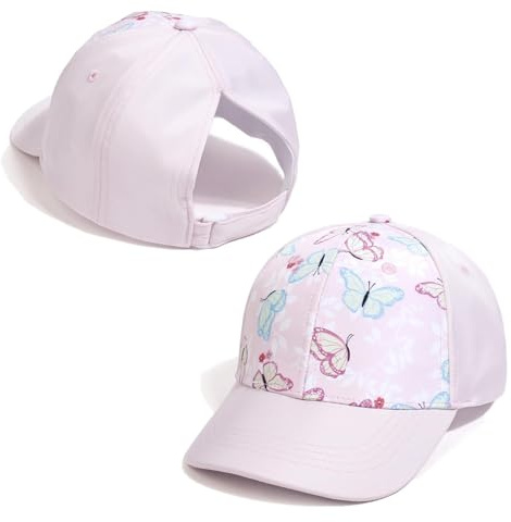 YAMEE Ponytail Baseball Cap for Girls, Kids Summer Soft Breathable Sun Protection Sports Hat for Children (UK, Alpha, One Size, Pink Butterfly)