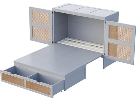 Azkoeesy Letto a Scomparsa Murale Matrimoniale 140x200 cm, Struttura in Legno Pieghevole Salvaspazio con Rattan design, 2 Cassetti, Doghe e Ampio Spazio di Archiviazione (grigio)