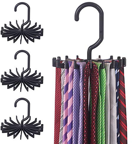 4 Pack Tie Rack Hanger Holder Hooks Organizer for Mens, 360 Degree Rotating Tie Racks, Black