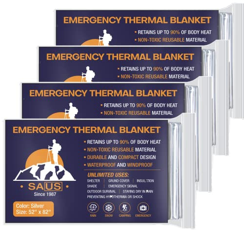 SAUS Emergency Blankets, Foil Space Thermal Blanket for Outdoor Sport, Camping, Mylar Survival Equipment First Aid Bag Kit