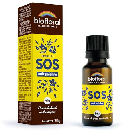 BIOFLORAL - SOS Secours Nuit Paisible BIO - Stop les Pensées répétitives - Fleurs de Bach Authentiques - Sans Alcool - 470 Granules