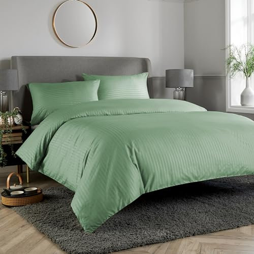 Olivia Rocco Mayfair Stripe Duvet Cover Set Easy Care Satin Stripes Comforter Reversible Bedding Quilt Covers With Pillowcases, King Sage Green