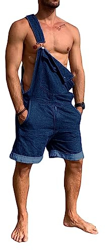 Runcati Salopette en jean pour homme, courte, en denim, pour l'été, avec ajustement réglable, décontractée, avec short en jean, coupe ample, bleu foncé, XL