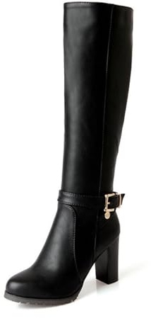 WOkismD Botas Altas hasta la Rodilla para Mujer con Punta Redonda, Tacón Grueso y Alto, Cremallera Lateral, Cuero PU, Zapatos de Vestir, Negro, 36